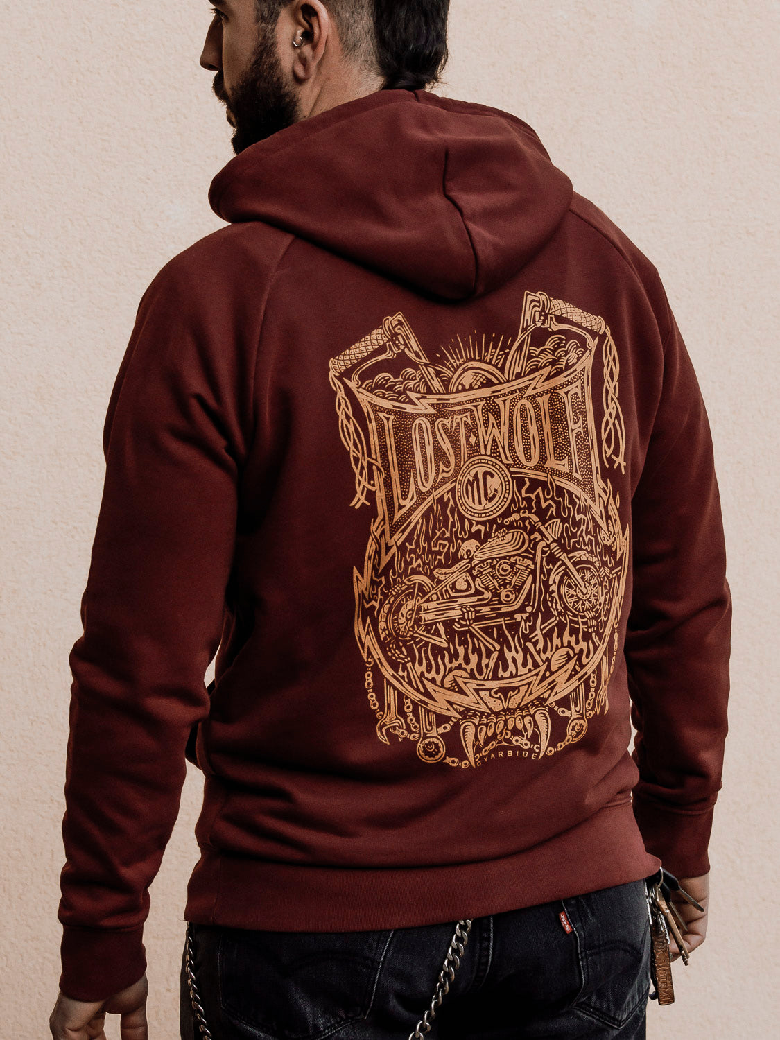 Chains Of Fire Hoodie - Wine by Pedro Oyarbide