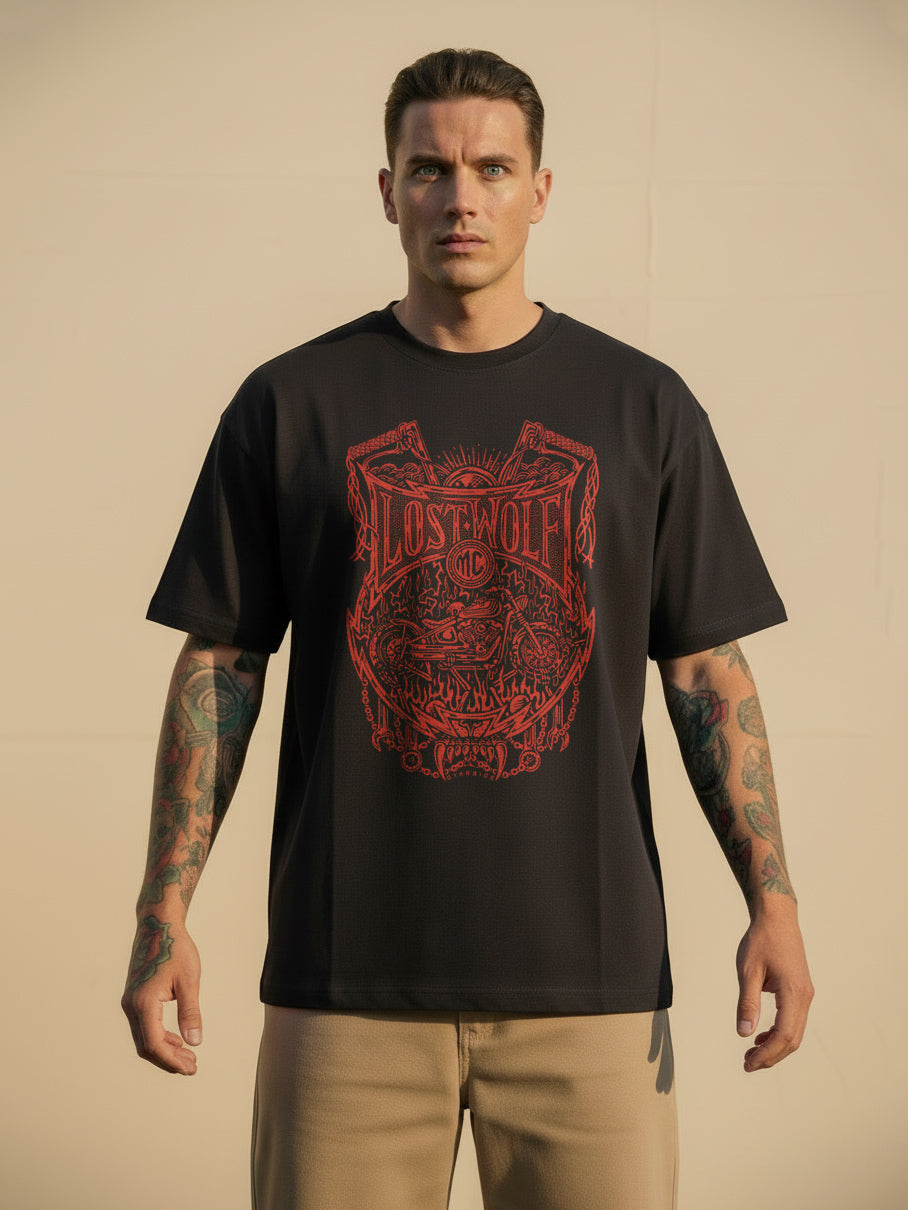 Chains Of Fire T-shirt - Lead Grey by Pedro Oyarbide