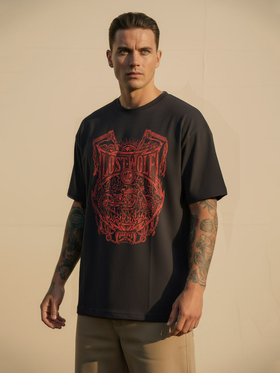Chains Of Fire T-shirt - Lead Grey by Pedro Oyarbide